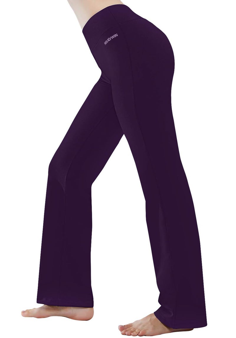 HISKYWIN Inner Pocket Yoga Pants 4 Way Stretch Tummy Control Workout Running Pants, Long Bootleg Flare Pants HF2-Dark Magenta-L - Image 1
